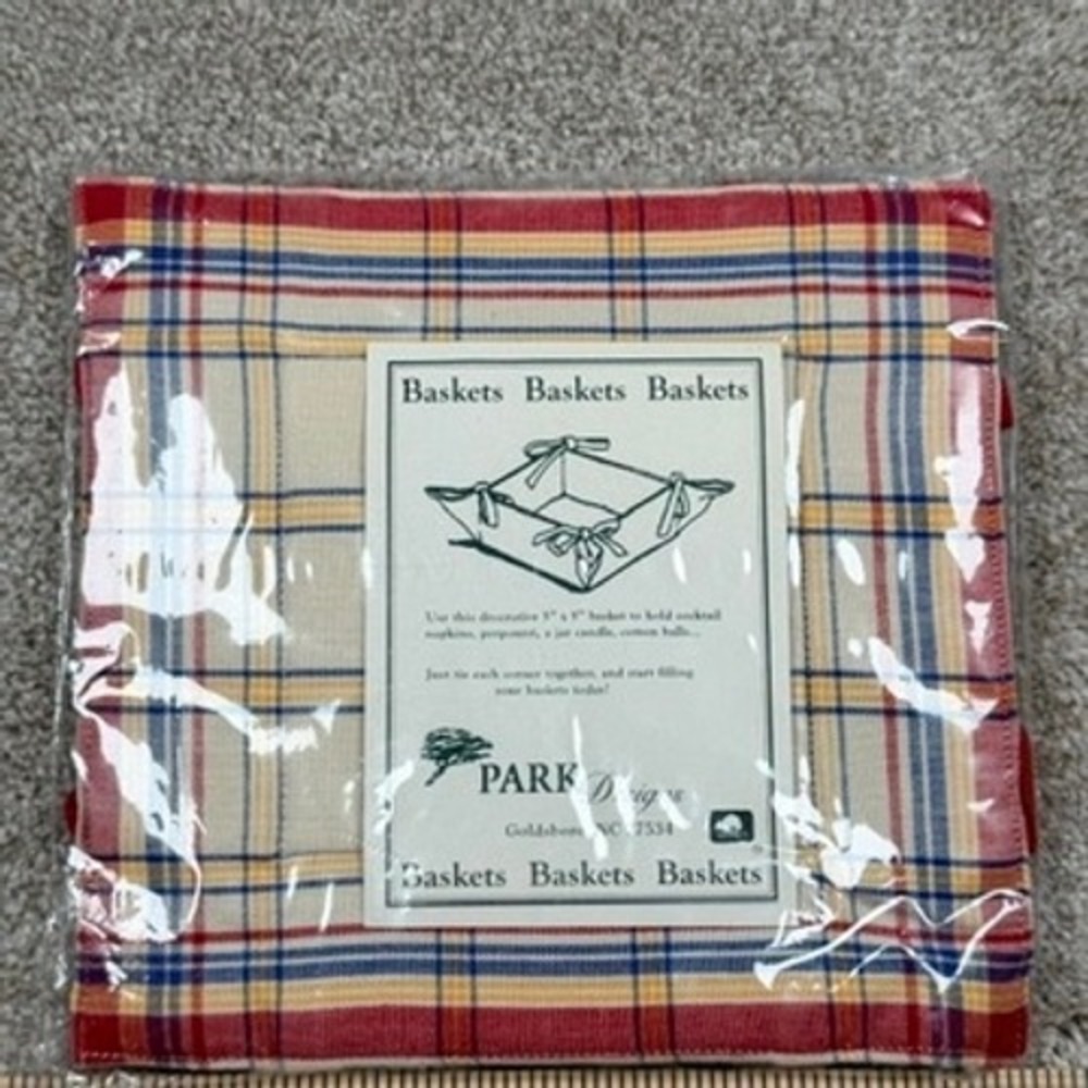 Park Designs Pantry Plaid Bread Basket Liner 5x5 Red Blue Yellow Cotton New